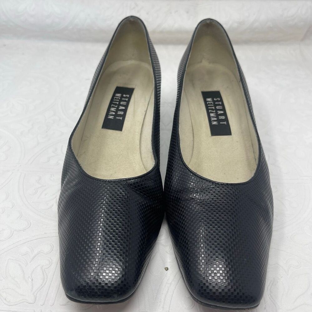 Stuart Weitzman Black Textured Leather Block Heel Square Toe Pumps Size 9